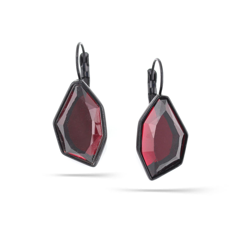 Black-Tone Metal Red Faceted Stone Earrings