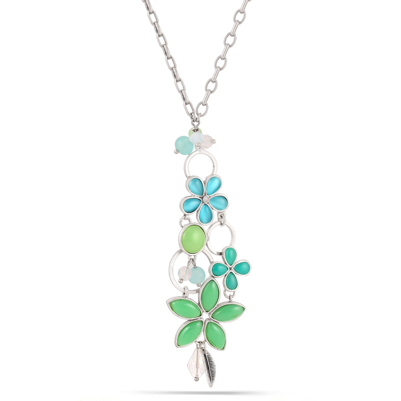 Silver-Tone Metal Geeen Flower Necklace