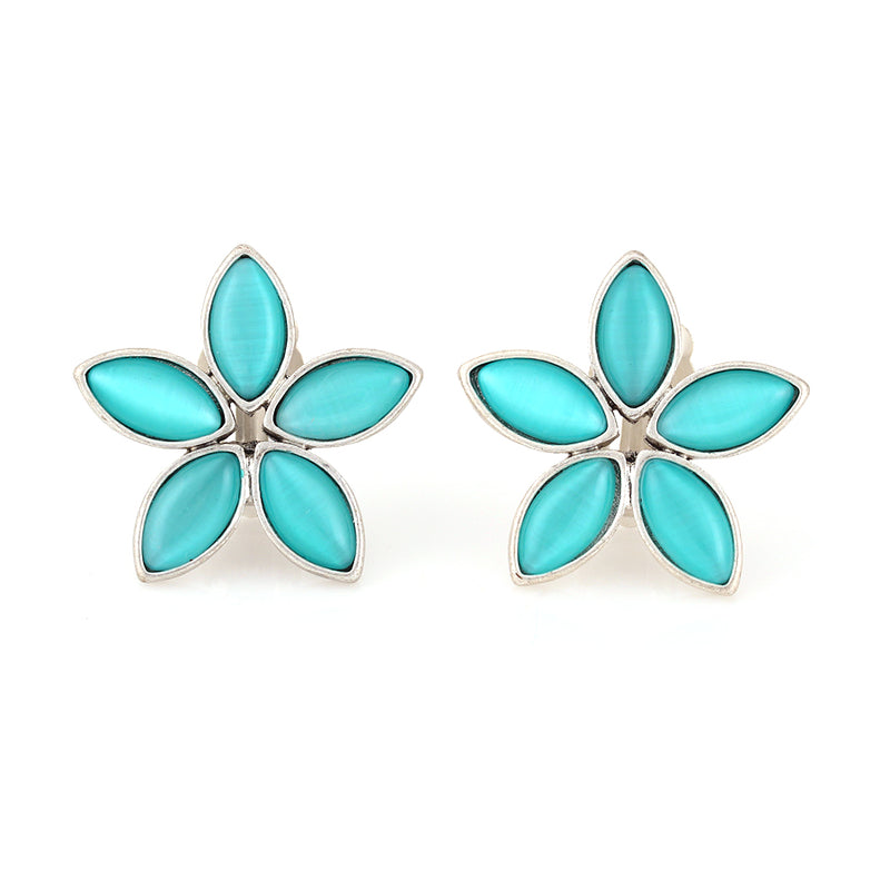 Silver-Tone Metal Aqua Blue Flower Stud Earrings