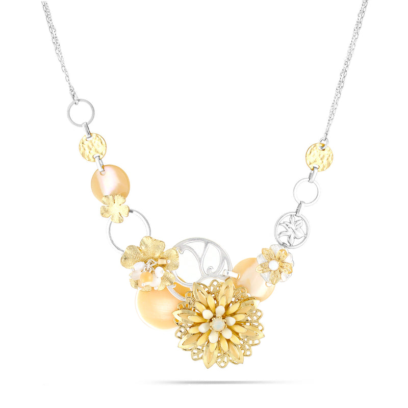 Gold-Silver-Tone Metal Filigree Flower  Mother Of Pearl Necklace