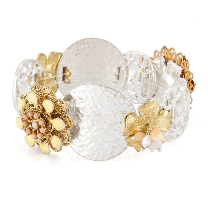 Gold And Silver Filigree Flower Stretch Bracelets