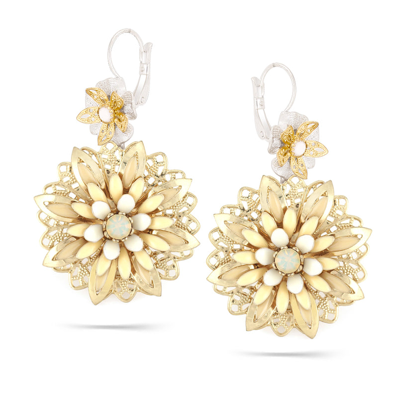 Gold-Tone Metal Cream Enamel Flower Filigree Drop Earrings