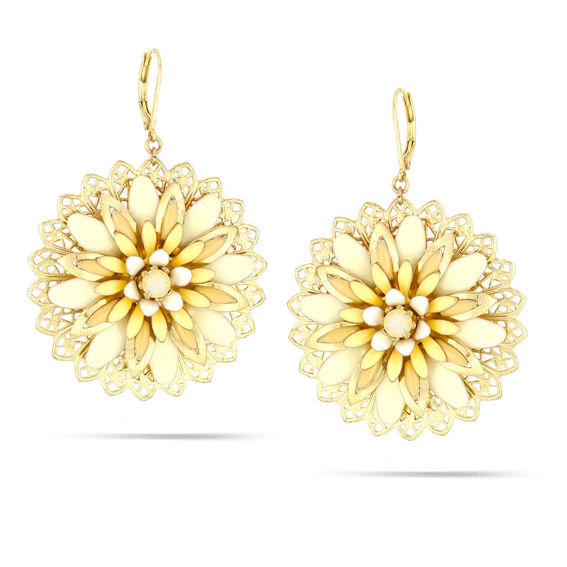 Gold-Tone Metal Cream White Flower Disc Earrings
