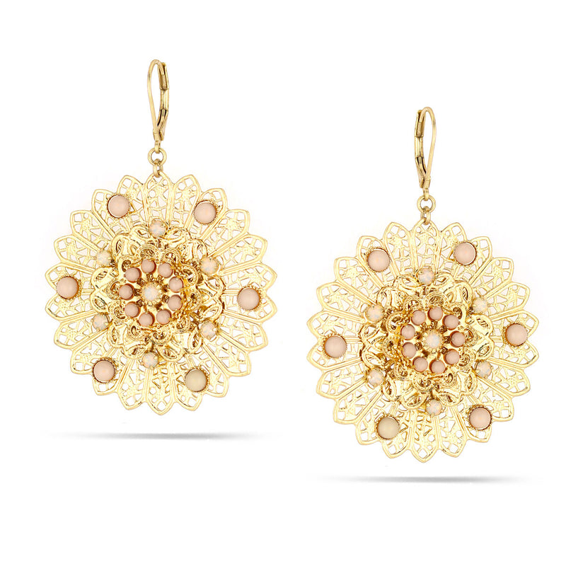 Gold-Tone Metal Cream Opal Flower Drop Earrings