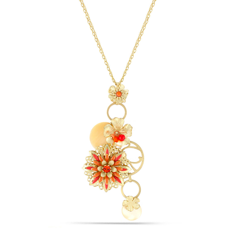 Gold-Tone Metal Coral Peach Flower Long Necklace