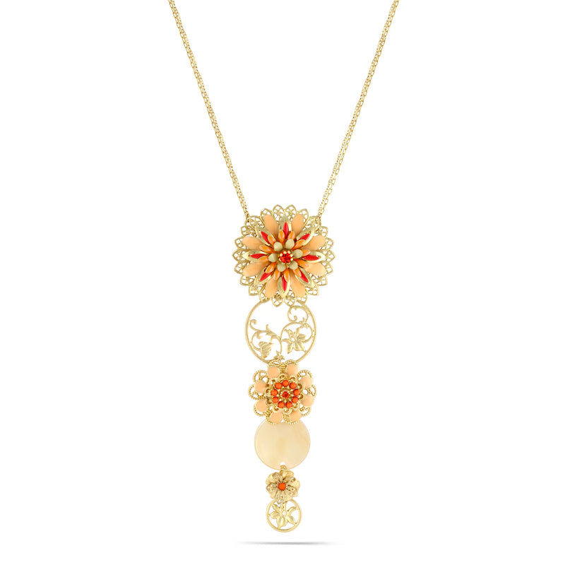 Gold-Tone Metal Coral Peach Enamel Filigree Necklace