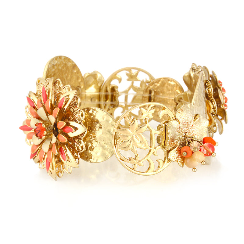 Gold-Tone Metal Coral Peach Flower Strtch Bracelets