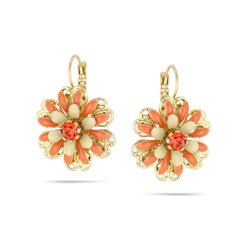 Gold-Tone Metal Peach Cream Flower Drop Earrings