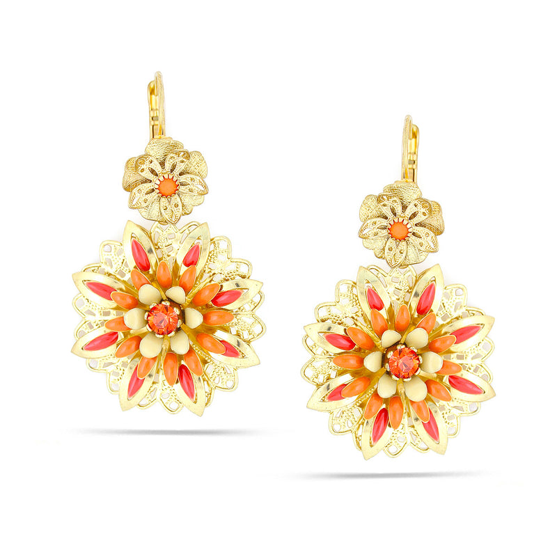 Gold-Tone Metal Coral Peach Flower Drop Earrings