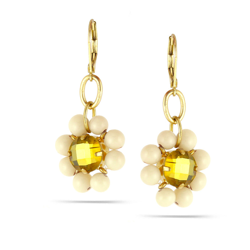 Gold-Tone Metal Yellow Crystal And Cream Beads Drop Earrings