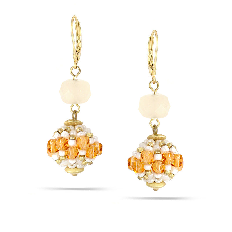 Gold-Tone Metal Peach Cream And White Beads Dangle Earrings