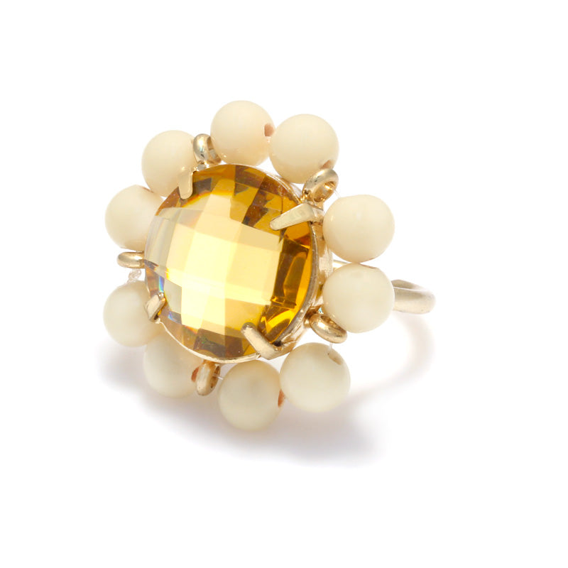 Gold-Tone Metal Yellow Crystal And Cream Beads Adjustable Ring