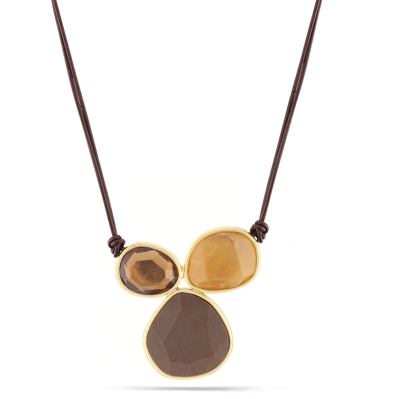 Gold-Tone Metal Brown And Yellow Stone Leather And Gold Chains Necklace