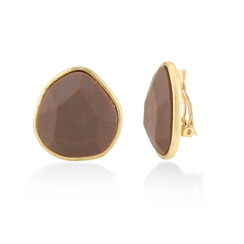 Gold-Tone Mtal Brown Faceted Stone Clip On Earrings