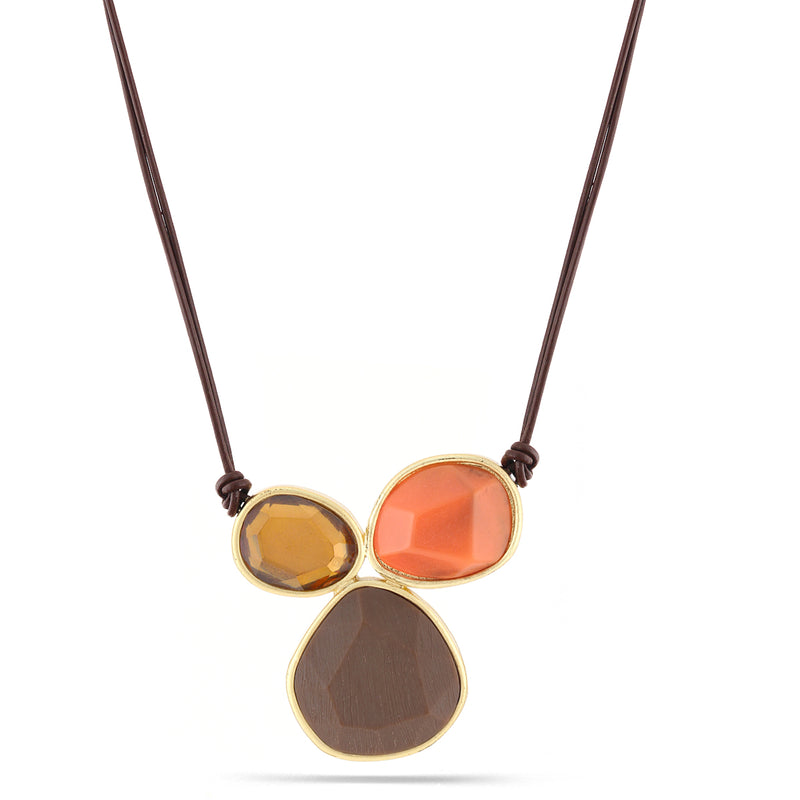 Gold-Tone Metal Brown And Coral Stone Leather And Gold Chains Necklace