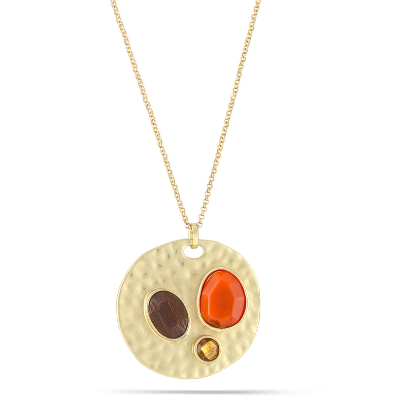 Gold-Tone Metal Brown And Coral Stone Pendant Necklace