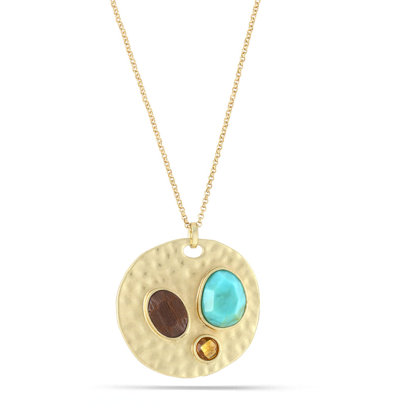 Gold-Tone Metal Brown And Turquoise Stone Pendant Necklace
