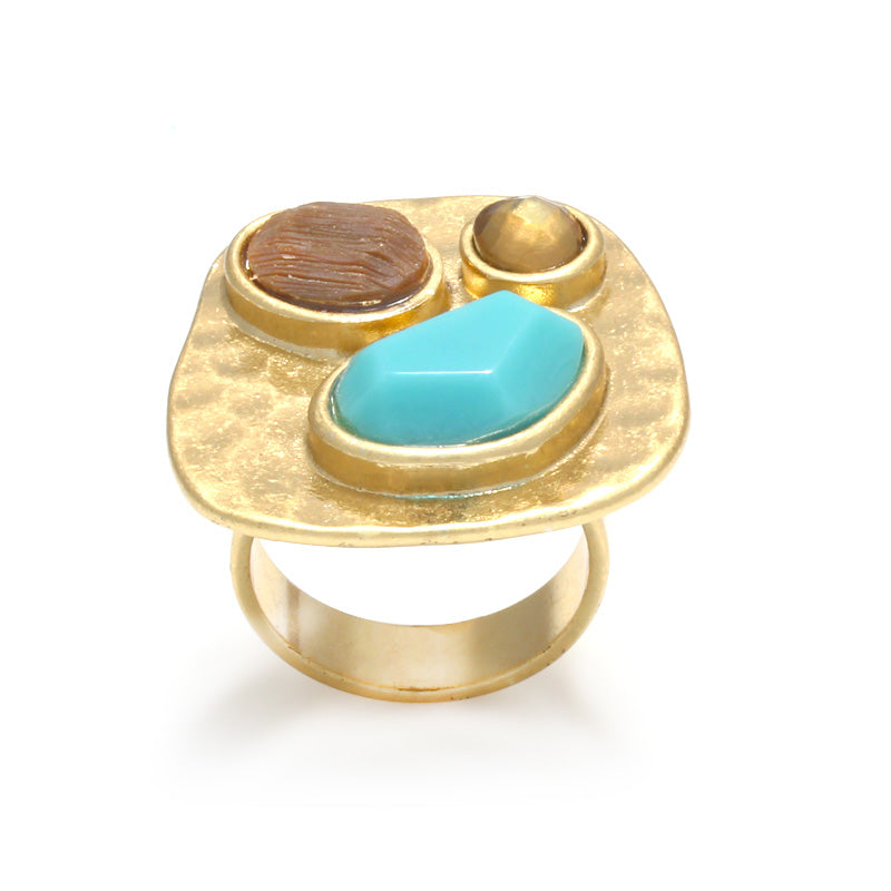 Gold-Tone Metal Hammered Turquoise Adjustable Ring
