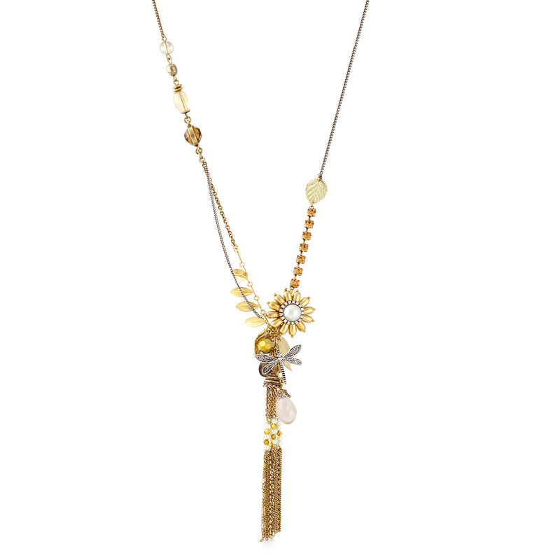 Gold-Tone Metal Cham And Pearl Tassel Necklace