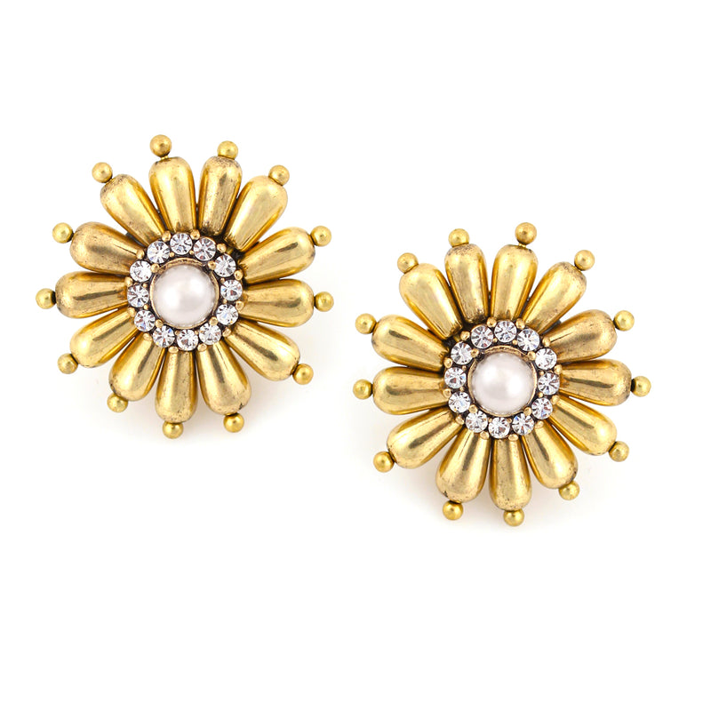 Gold-Tone Metal Flower Cream Pearl Crystal Earrings