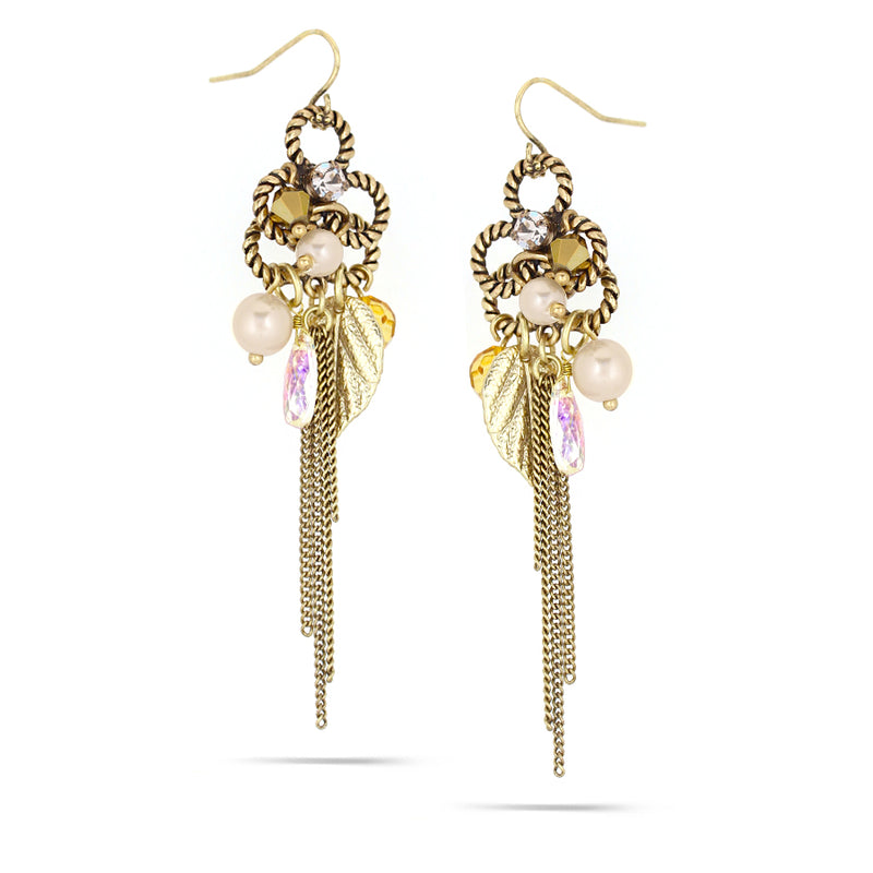 Gold-Tone Metal Leaf And Pearl Charm Earrings