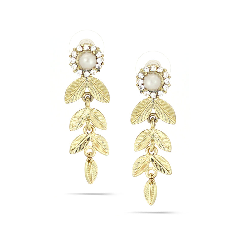 Gold-Tone Metal Leaf Pearl And Crystal Earrings