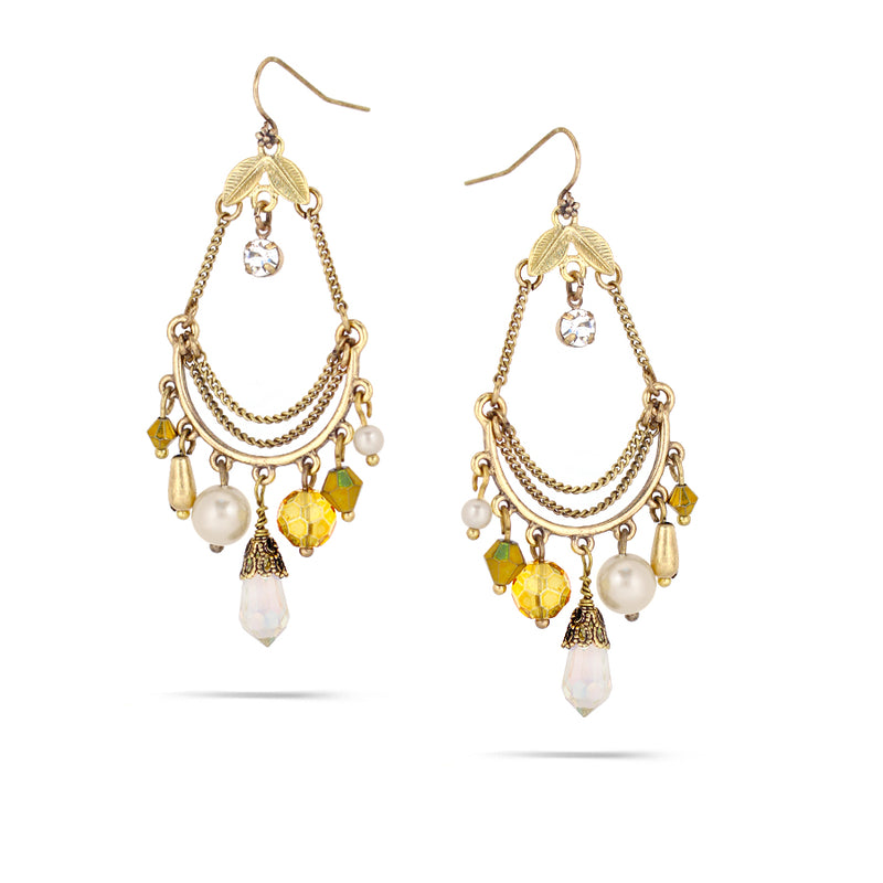 Gold-Tone Metal Pearl And Crystal Charm Chandelier Earrings