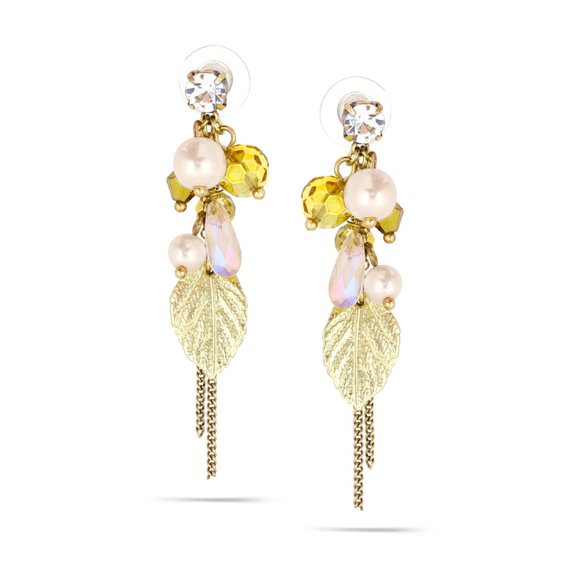 Gold-Tone Metal Leaf Pearl Crystal Charm Earrings