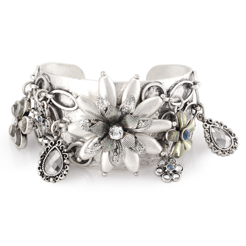 Silver-Tone Metal Blue And Green Crystal Flower Charm Cuff
