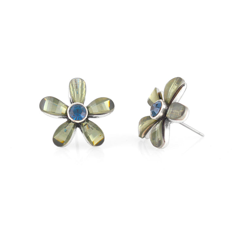 Silver-Tone Metal Olive And Blue Crystal Stud Earrings