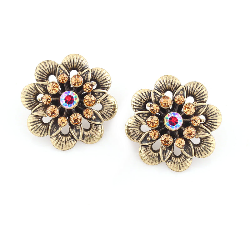 Gold-Tone Metal Crystal Flower Stud Earrings