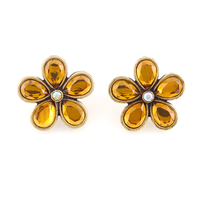 Gold-Tone Metal Citrine Crystal Flower Stud Earrings