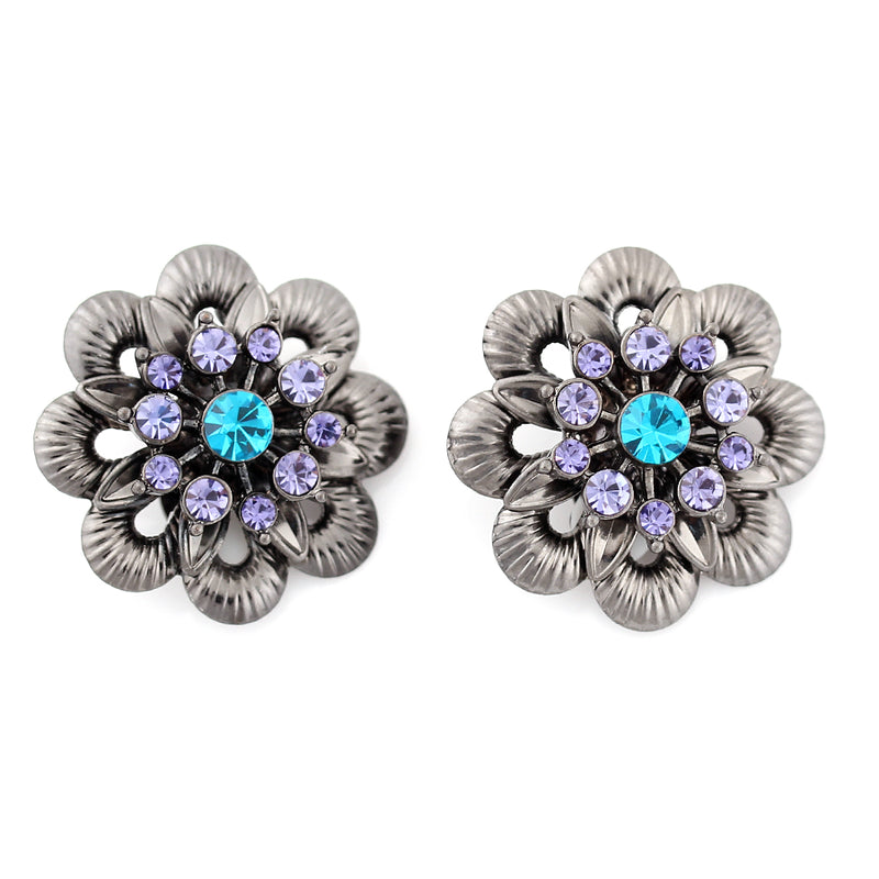 Amethyst Aqua Blue Crystal Hematite Flower Beautiful Clip Earrings