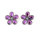 Hematite-Tone Amethyst And Green Crystal Flower Earrings