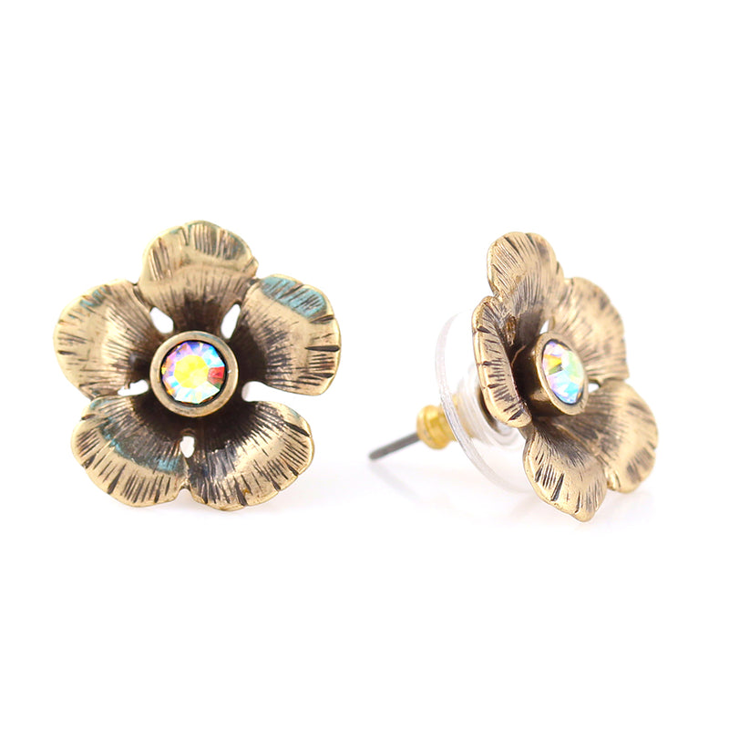 Gold-Tone Metal Flower Crystal Stud Earrings