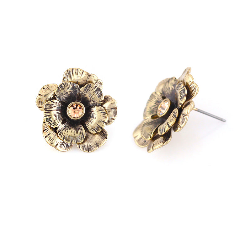 Gold-Tone Metal Flower Crystal Stud Earrings