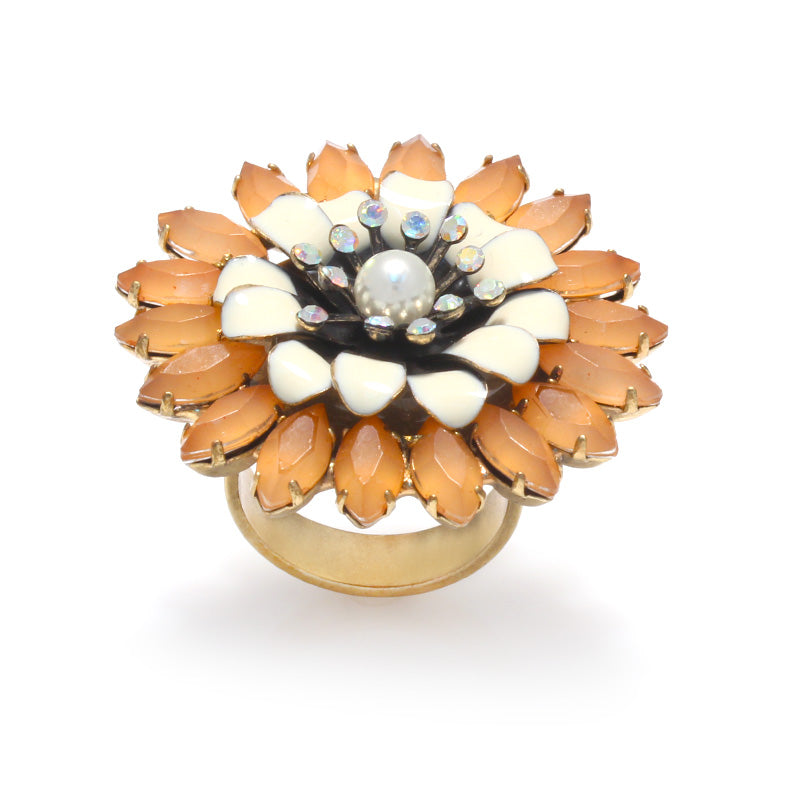 Gold-Tone Metal Cream Enamel Peach Crystal Flower Adjustable Ring