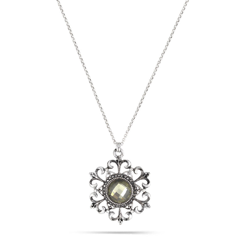 Rhodium-Tone Metal Olive Faceted Stone Crtstal Necklace