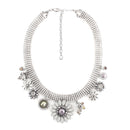 Silver-Tone Metal White Yellow Crystal And Grey Pearl Charms Necklace