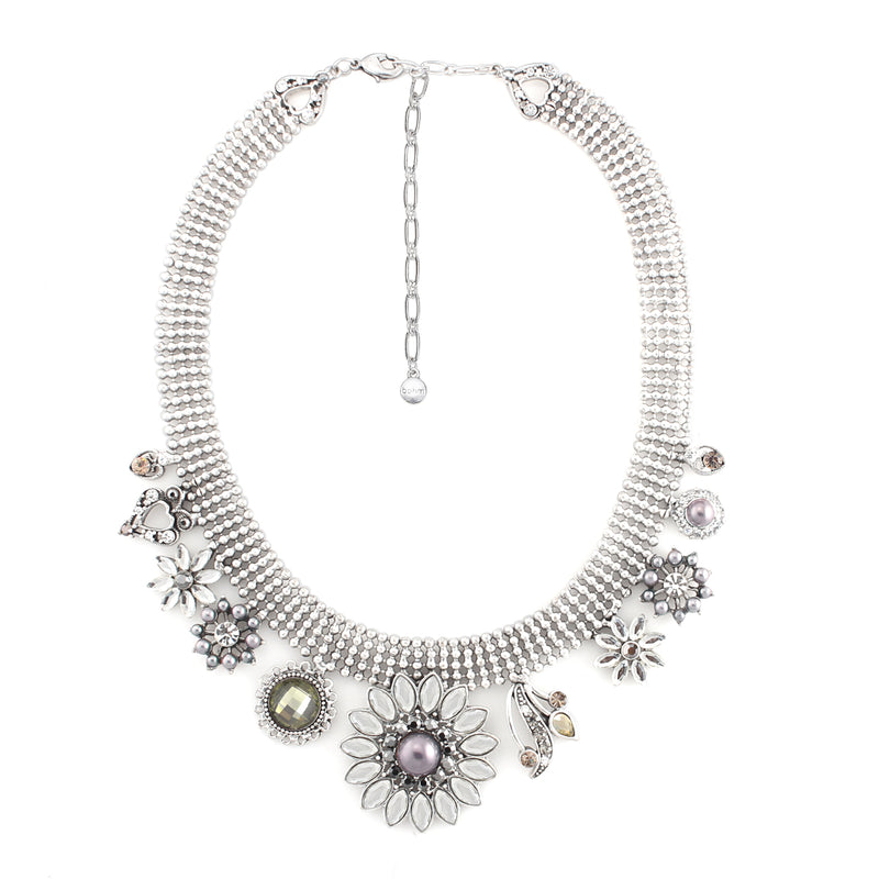 Silver-Tone Metal White Yellow Crystal And Grey Pearl Charms Necklace