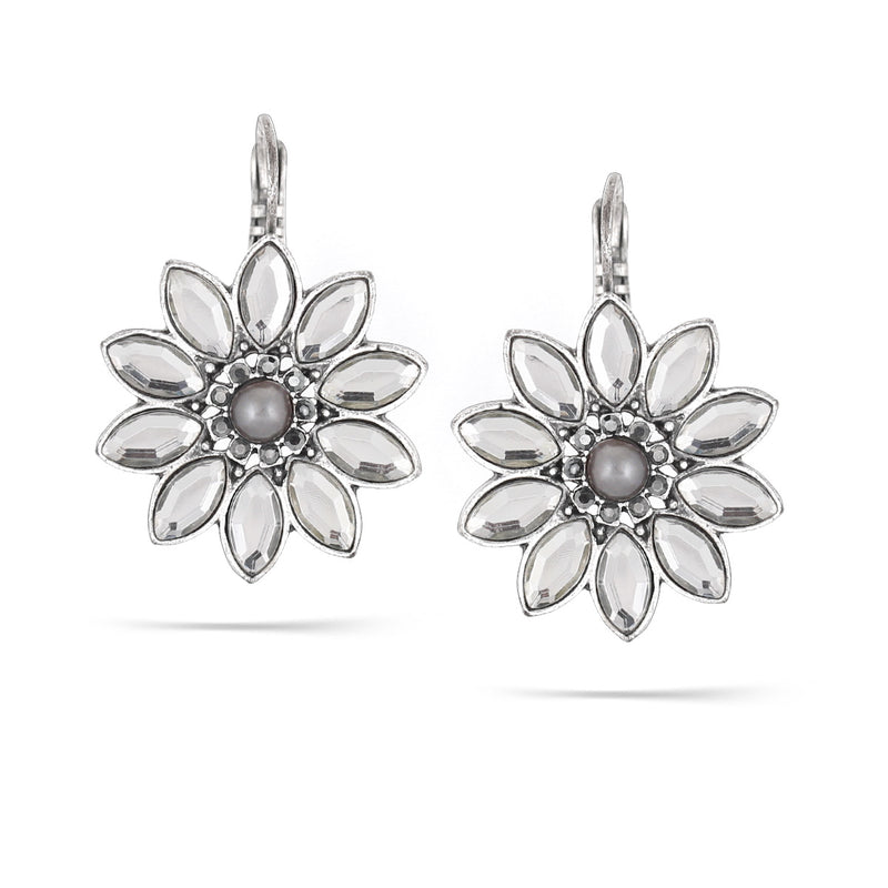 Silver-Tone Metal White Crystal And Grey Pearl Flower Earrings