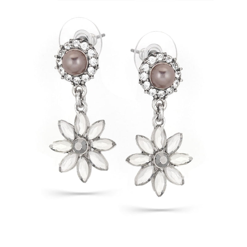 Silver-Tone Metal Pearl And Crystal Flower Drop Earrings