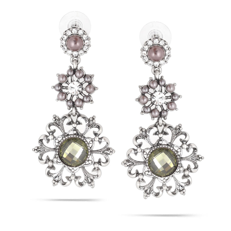 Rhodium-Tone Metal Pearl And Olive Crystal Drop Earrings
