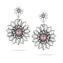 Silver-Tone Metal White Crystal And Grey Pearl Flower Earrings