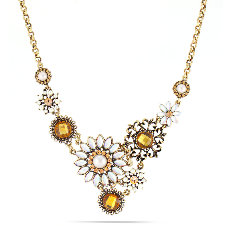 Gold-Tone Metal Rainbow And Yellow Crystal Cream Pearl Flower Necklace 