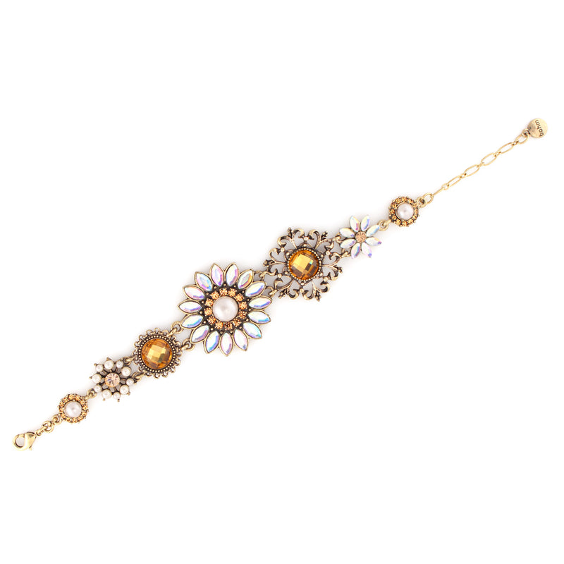 Gold-Tone Metal Rainbow And Yellow Crystal Cream Pearl Flower Wrap Around Bracelets