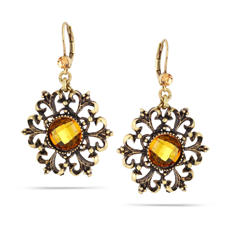 Gold-Tone Metal Yellow Crystal Filigree Drop Earrings