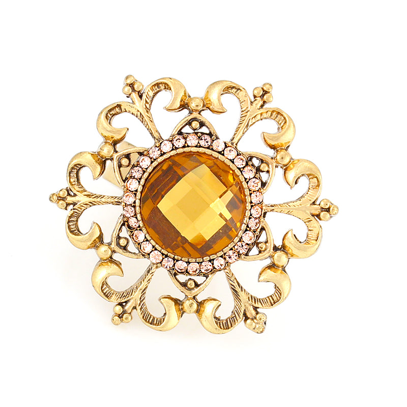 Gold-Tone Metal Filigree Yellow Crystal Ring Adjustable To Fit All Sizes 
