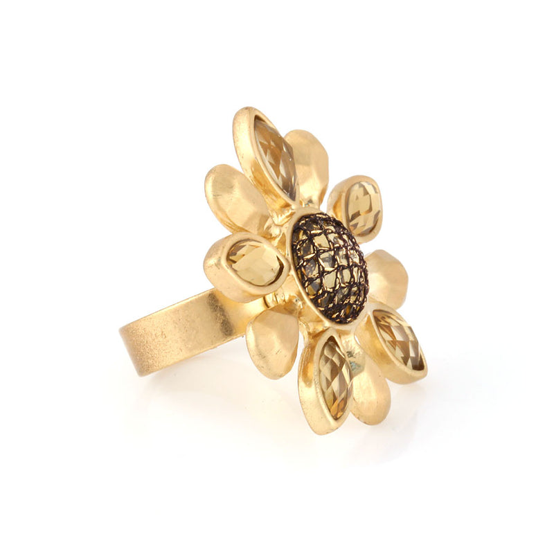 Gold-Tone Matte Finished Metal Gold Crystal Flower Adjustable To Fit All Sizes Ring