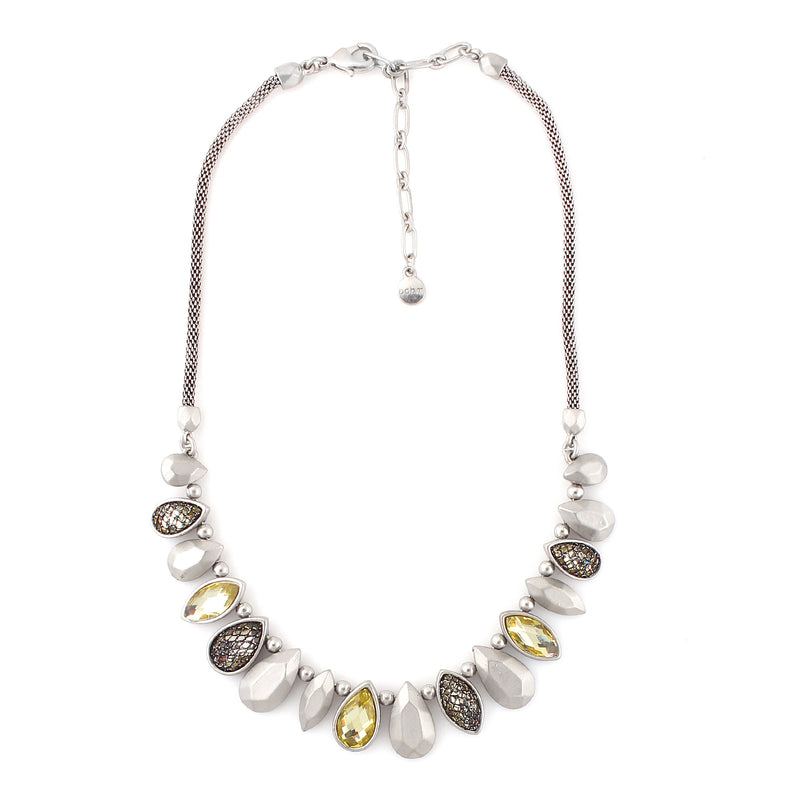 Silver-Tone Matte Finished Metal Yellow Crystal Necklace 